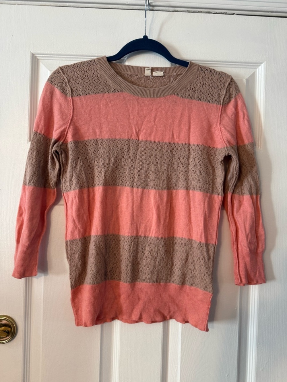 Moth Coral and Taupe Striped Crew Neck Sweater